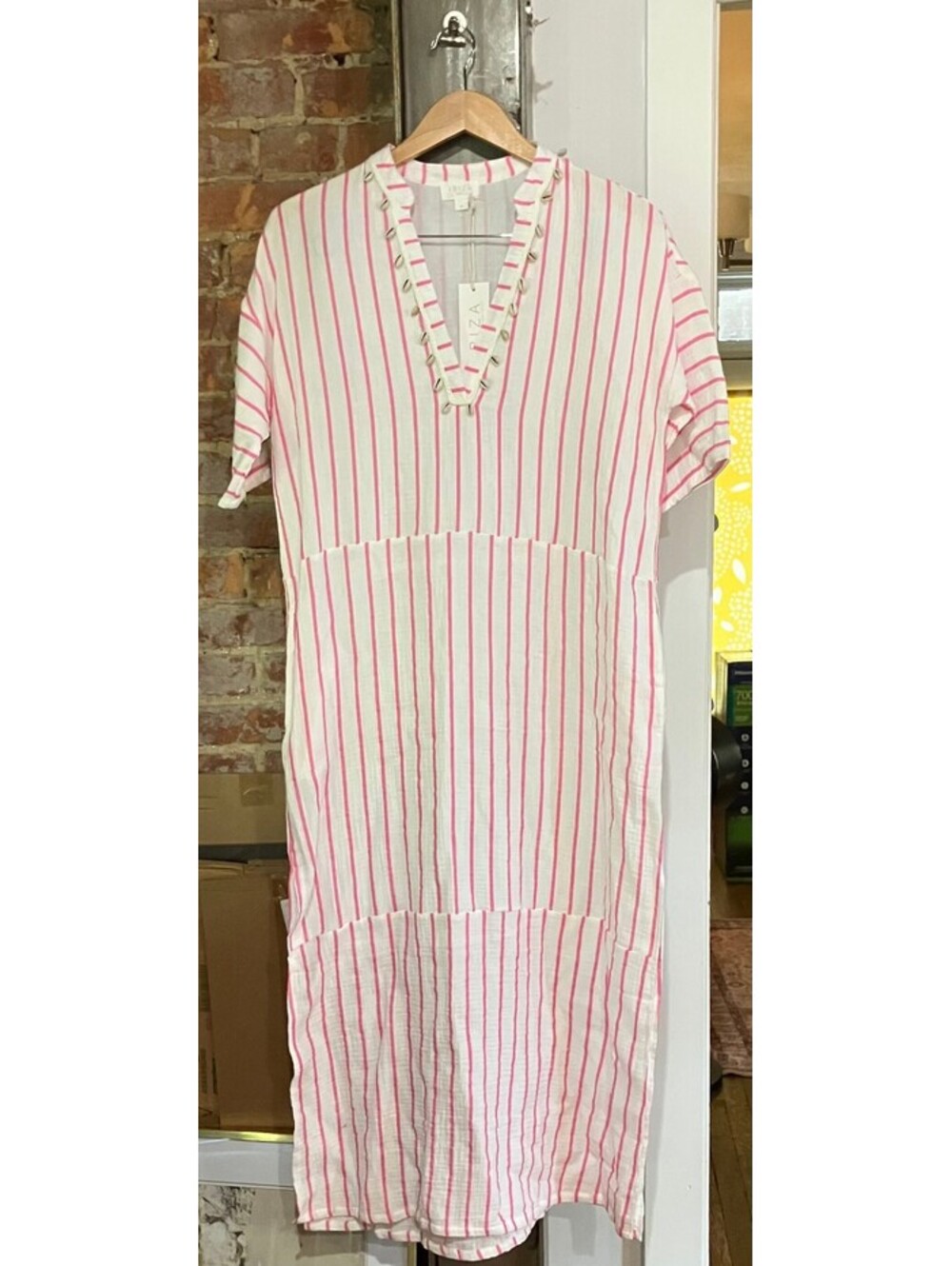 Ibiza Anne Cole Cowrie Shell Striped Kaftan Maxi Cover Up Dress White Pink Boho